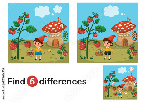 Strawberry Gnome Find 5 Differences – Kids Spot the Difference Activity. A fun find 5 differences activity featuring a cute little gnome in a whimsical strawberry garden with a magical mushroom house.