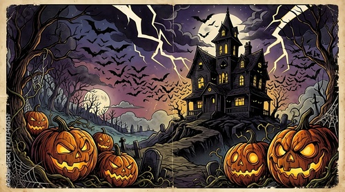Spooky haunted castle on halloween night with glowing jack o lanterns and stormy skies