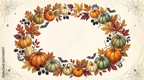 Autumn wreath of pumpkins leaves and berries on a vintage textured background