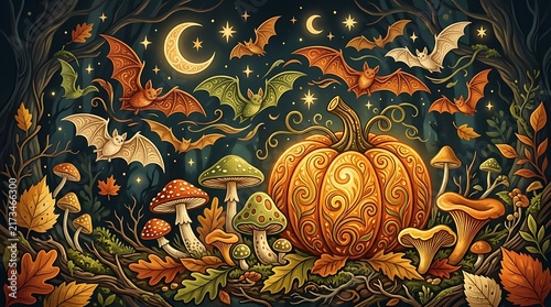 Magical autumn forest scene with glowing pumpkins and a crescent moon at night