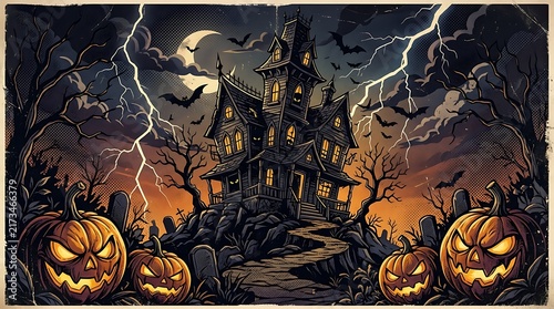 Spooky haunted house with carved pumpkins under a full moon on halloween night