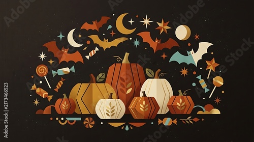 Whimsical halloween scene with castle bats pumpkins and a crescent moon