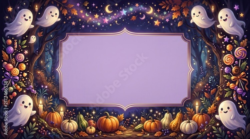 Festive halloween border with ghosts pumpkins and a blank space for text