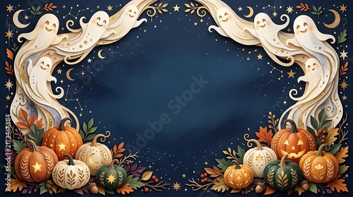 Spooky halloween scene with ghosts pumpkins and a dark starry night sky