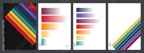 Set of Four Minimalist Abstract Graphic Posters Featuring Vibrant Colorful Diagonal Stripes and Soft Blended Gradient Bar Designs