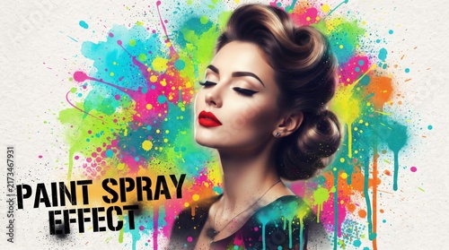 Retro Glamour: A stylish woman with a vintage hairstyle and bold red lipstick poses confidently against a vibrant explosion of colorful paint splatters.