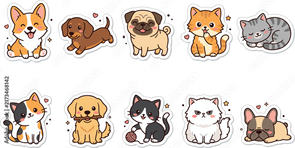 Obraz premium Cute kawaii dog and cat sticker vector set with funny cartoon puppies and kittens for children design illustration