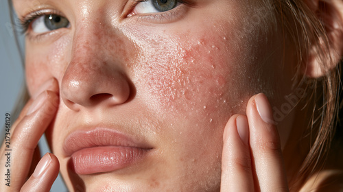 Detailed side view of a young woman gently touching a patch of peeling, rough skin on her cheek, subtle redness and visible dryness, worried but natural expression, minimalist brig