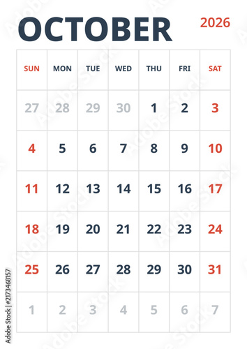 October 2026 English Corporate Monthly Calendar Grid Minimalist Office Organizer Page (Compatible with 2037 and 2043).