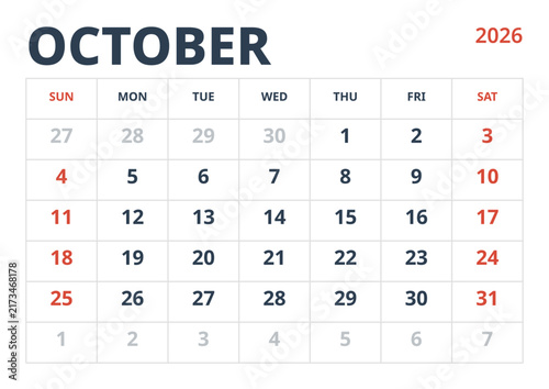 October 2026 English Minimalist Wall Calendar Page Corporate Project Management Layout (Compatible with 2037 and 2043).