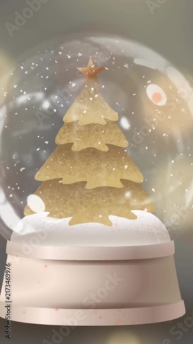 Golden shooting star over christmas tree in a snow globe against spots of light on yellow background