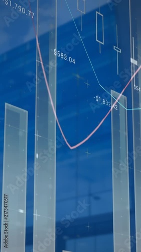 Animation of statistical data processing against view of tall buildings