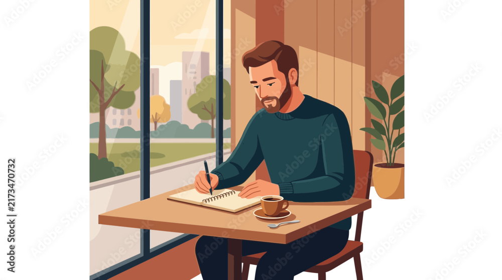 Fototapeta premium Flat vector illustration of a man writing in a notebook at a cafe