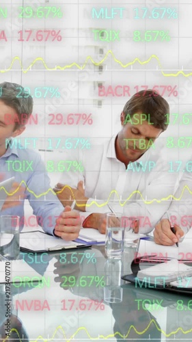 Animation of stock market data processing over diverse businesspeople discussing together at office