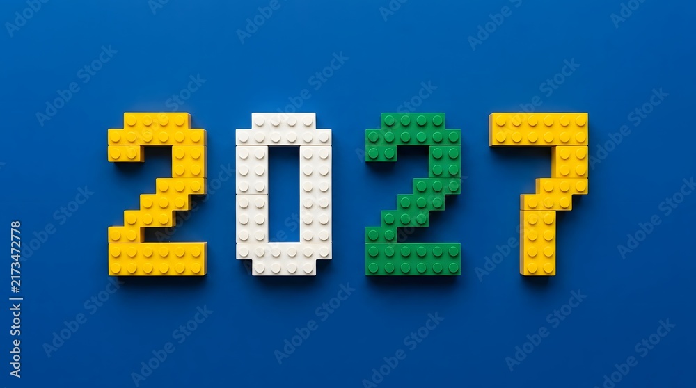 Obraz premium Year 2027 made of colorful plastic building blocks on a blue background