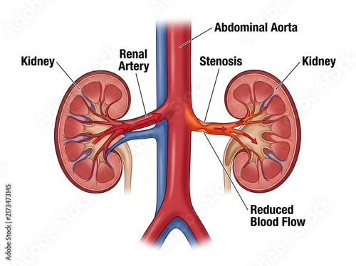 Renal artery stenosis causing reduced kidney blood flow isolated on white background