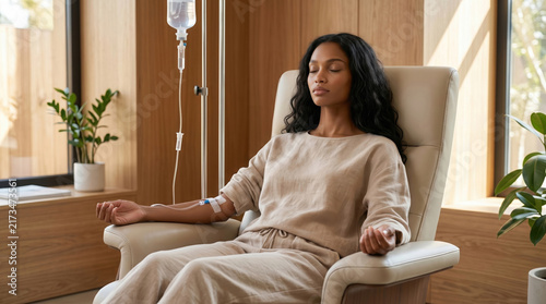 A peaceful young woman relaxes in a cozy armchair while receiving intravenous therapy in a modern wellness clinic, wellness treatment, healthy lifestyle, peaceful recovery, self care.