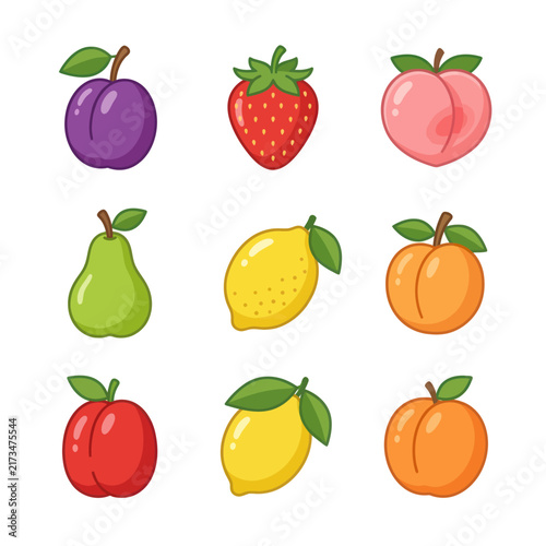 Pixel Art Fruits Collection: Strawberry, Plum, Peach, Pear, Lemon, Apple, Apricot