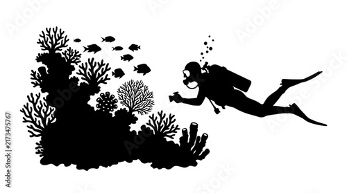 Scuba diver silhouette capturing photos of exotic coral reef life with black vector underwater graphics
