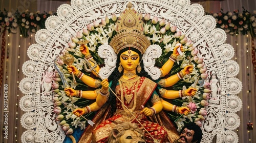 Goddess Durga idol decorated for Durga Puja festival celebration in India