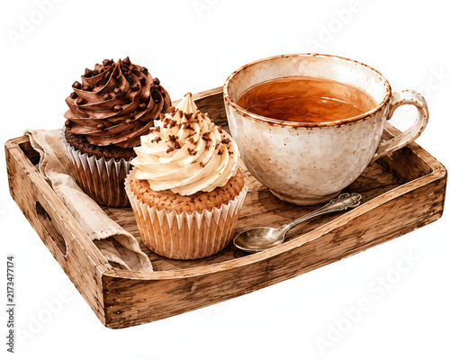 a cup of tea and muffins resting on wooden tray