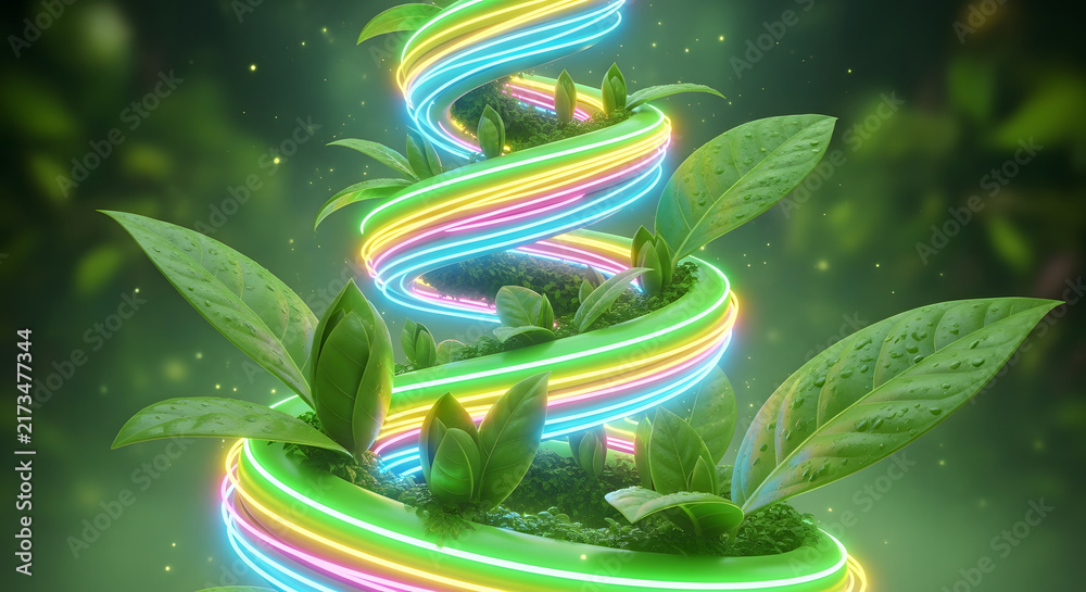 Obraz premium Vibrant rainbow neon light spiral swirling upward through fresh green leaves in a magical glowing forest concept