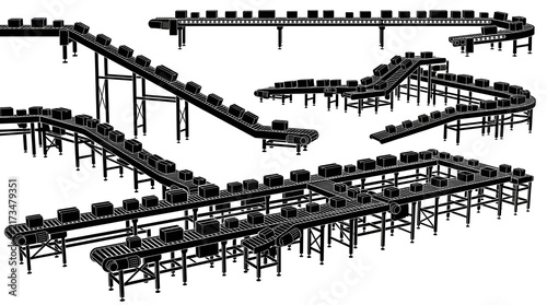 Industrial Silhouettes of Factory Conveyor Belt Systems with Boxes
