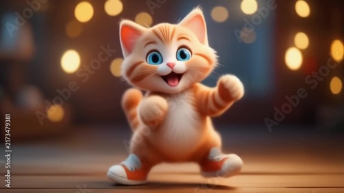 Orange tabby kitten dancing joyfully with bokeh lights in a warm studio setting