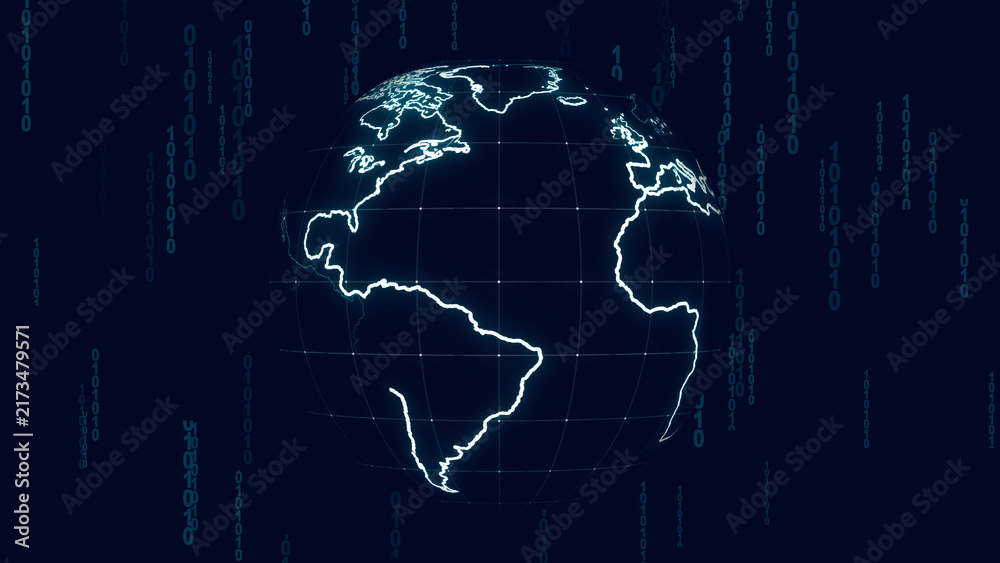 Naklejka premium Earth globe with binary code falling represents digital world technology. Earth globe for international data processing network. Earth globe background for cyber information systems.