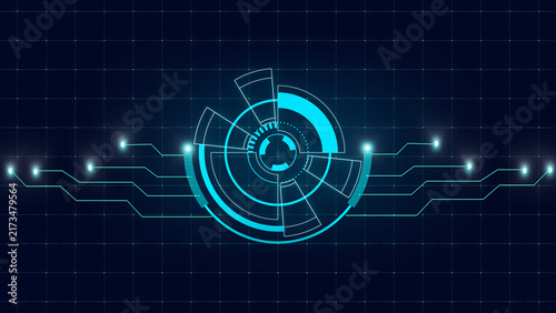 Fotografie HUD element with circuitry and glowing lights represents digital interface