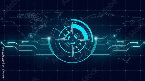 Fotografie HUD with world map and circuitry connections represents interface technology