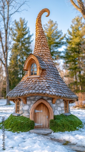 Whimsical gnome house covered in lush greenery and snow, featuring a tall feather-like curved roof, charming wooden door and fairytale-inspired architecture in a winter forest.