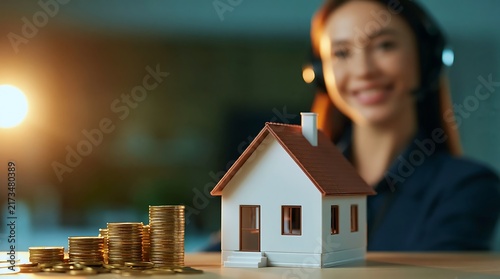 Smiling professional assists with real estate investment, home ownership, and mortgage planning, featuring a house model and growing stack of gold coins.