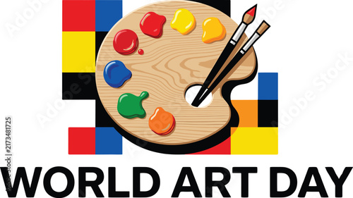 World Art Day Concept with Wooden Palette and Paintbrushes