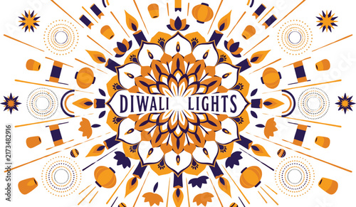 Diwali Lights Mandala Illustration with Festive Diya Lamps and Motifs