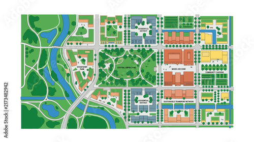 Urban City Planning Map - Aerial View of Neighborhoods, Parks, and Waterways