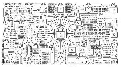 Cryptography Line Art Illustration with Binary Code and Security Lock Symbols