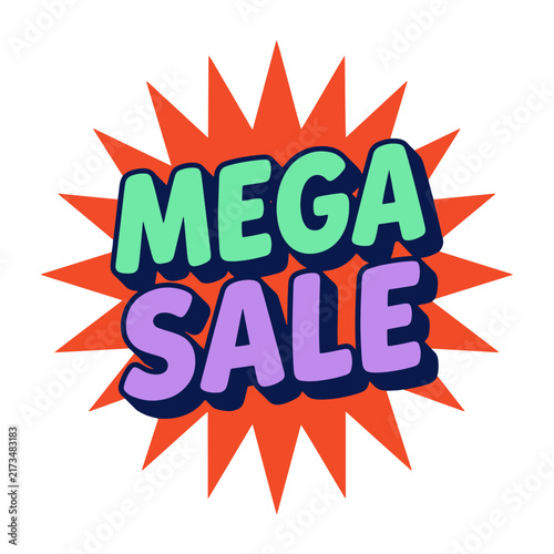 Foto Mega sale layered bubble text design containing a stacked mint green and purple