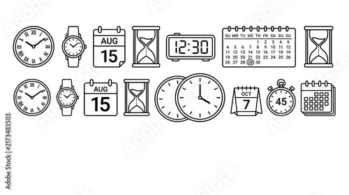 Clean Line Art Icon Set of Calendars Clocks and Hourglasses on White Background