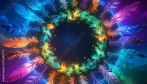Multicolored Feathers in Radiant Circular Composition, Magical Inclusion Concept Under Celestial Light