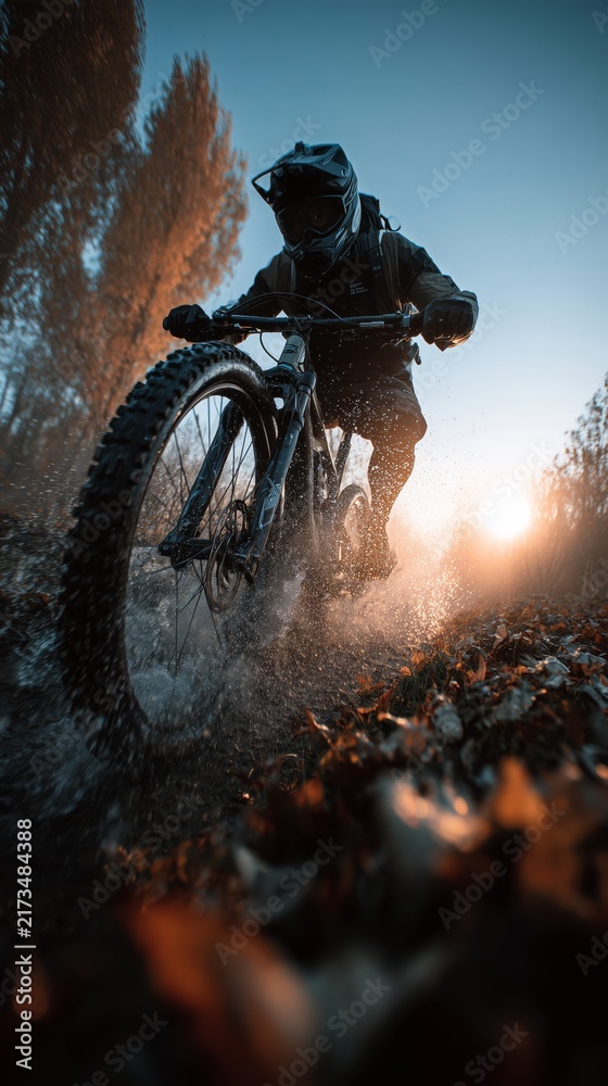 Fototapeta premium Dynamic low angle shot of a mountain biker riding through a muddy autumn forest trail during golden hour sunset.