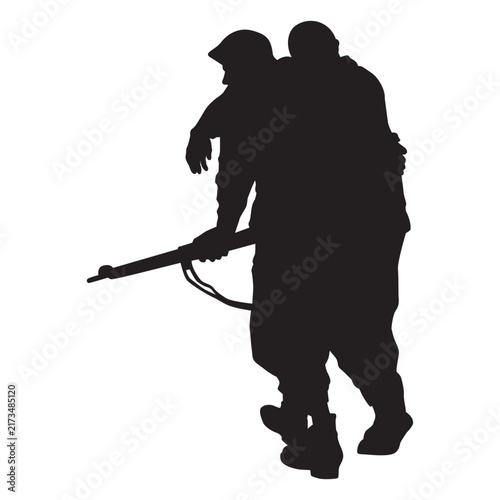 Cuadro en lienzo Soldier with rifle helping wounded standing