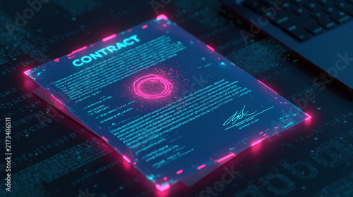 Smart contract concept digital document with glowing seal and