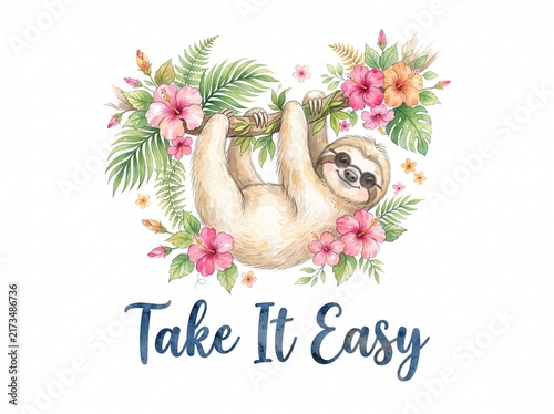 Cute sloth hanging on a branch with colorful tropical flowers and leaves with the text take it easy illustration