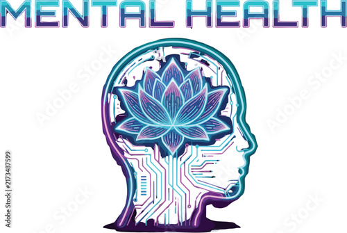 Mental Health Concept with Digital Human Head and Glowing Lotus