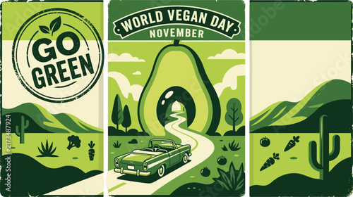 Veganism Concept Poster with Avocado Car Driving on a Scenic Road