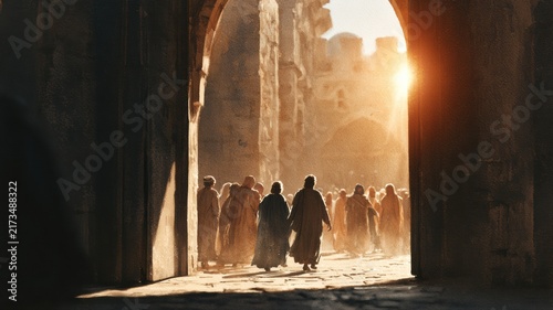 Holy Spirit Pentecost Scene, Apostles Emerge Into Sunlit Jerusalem Street, Cinematic Watercolor for Sermon Series