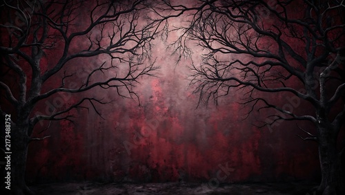 Obraz na płótnie Dark and ominous gothic background featuring twisted bare trees against a moody red textured wall