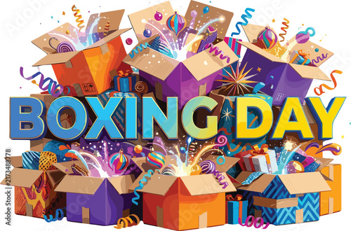 Boxing Day Sale Graphic with Festive Open Boxes and Colorful Gifts