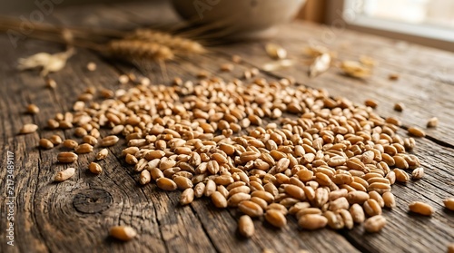 Pile of golden wheat grains on an old wooden table with soft ambient light